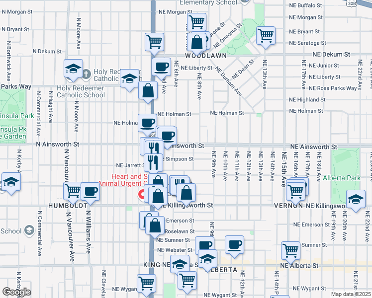 map of restaurants, bars, coffee shops, grocery stores, and more near 702 Northeast Ainsworth Street in Portland