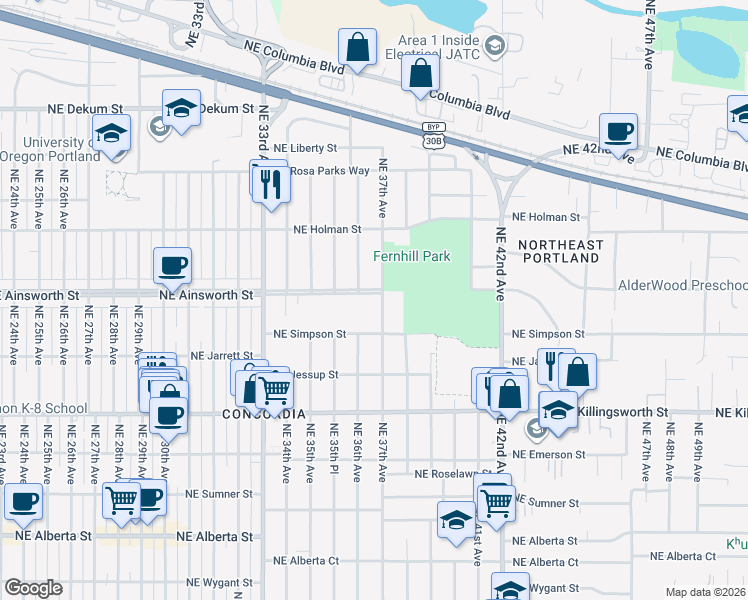 map of restaurants, bars, coffee shops, grocery stores, and more near 3624 Northeast Ainsworth Street in Portland