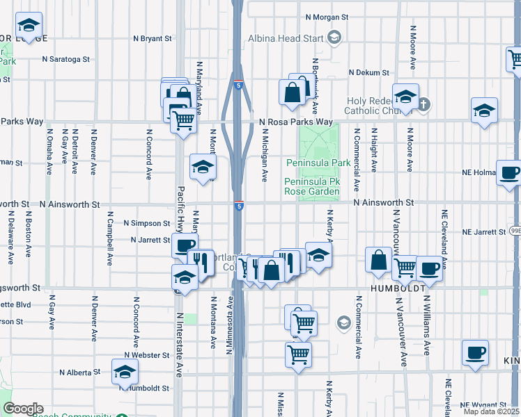map of restaurants, bars, coffee shops, grocery stores, and more near 1022 North Simpson Street in Portland