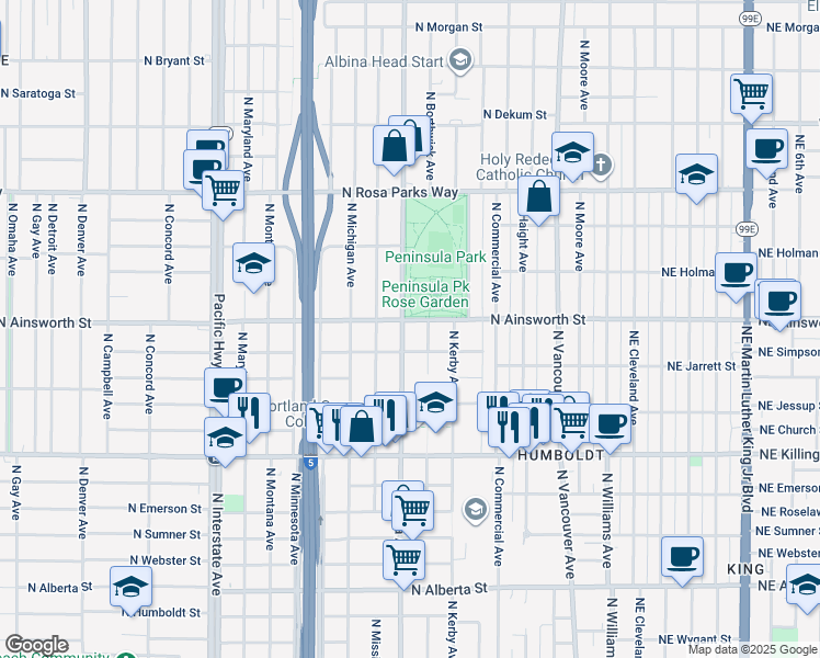 map of restaurants, bars, coffee shops, grocery stores, and more near 5940 North Albina Avenue in Portland