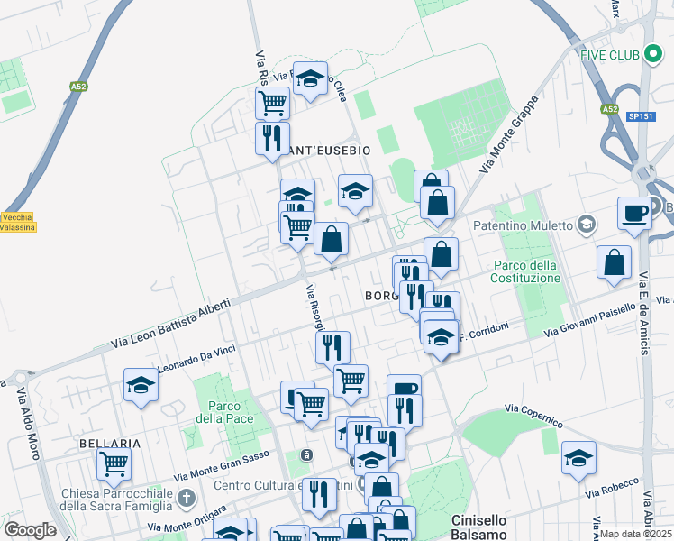 map of restaurants, bars, coffee shops, grocery stores, and more near 16 Via G. B. Lulli in Cinisello Balsamo