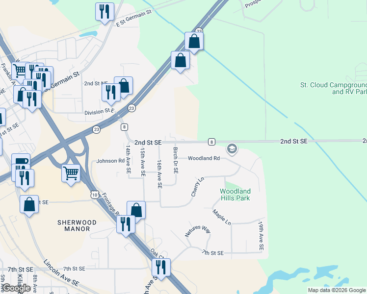 map of restaurants, bars, coffee shops, grocery stores, and more near 1708 Woodland Road in St. Cloud