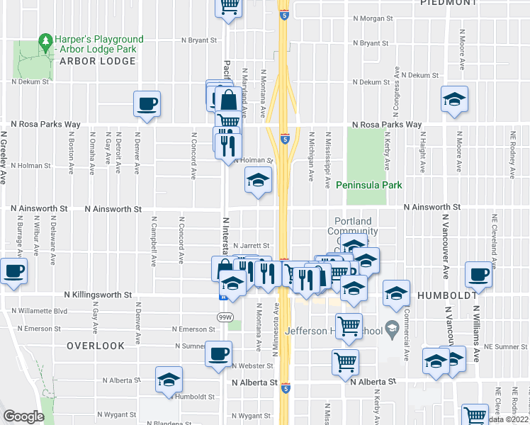 map of restaurants, bars, coffee shops, grocery stores, and more near 1228 North Ainsworth Street in Portland