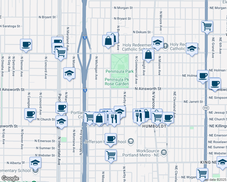 map of restaurants, bars, coffee shops, grocery stores, and more near 5940 North Albina Avenue in Portland
