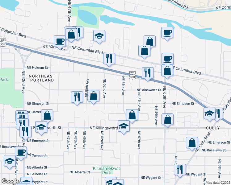map of restaurants, bars, coffee shops, grocery stores, and more near 5927 Northeast 55th Avenue in Portland