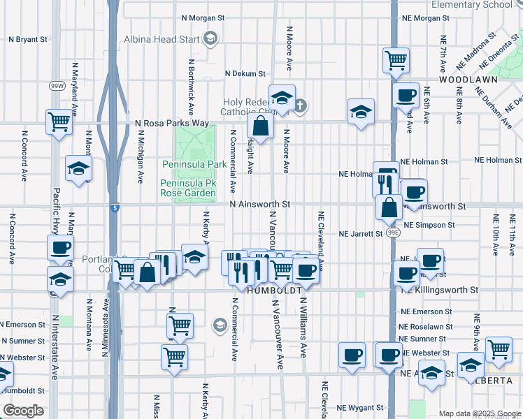 map of restaurants, bars, coffee shops, grocery stores, and more near 5810 North Haight Avenue in Portland