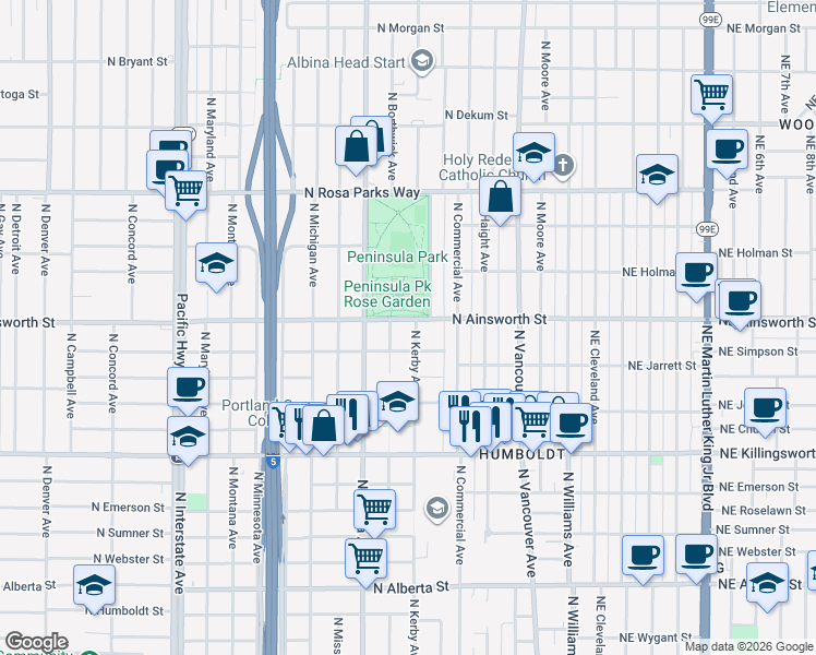 map of restaurants, bars, coffee shops, grocery stores, and more near 5835 North Kerby Avenue in Portland
