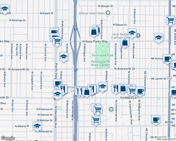 map of restaurants, bars, coffee shops, grocery stores, and more near 834 North Simpson Street in Portland
