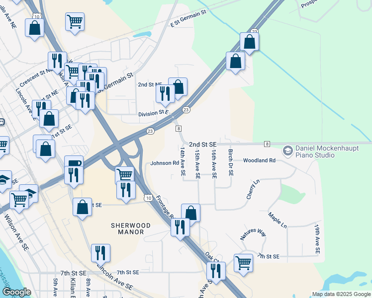map of restaurants, bars, coffee shops, grocery stores, and more near 309 14th Avenue Northeast in St. Cloud