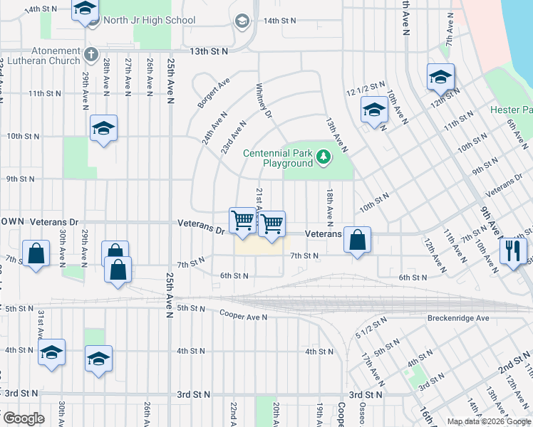 map of restaurants, bars, coffee shops, grocery stores, and more near 2021 8th Street North in St. Cloud