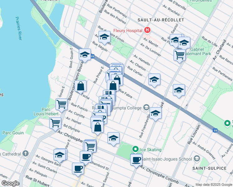 map of restaurants, bars, coffee shops, grocery stores, and more near 1710 Rue Fleury Est in Montréal
