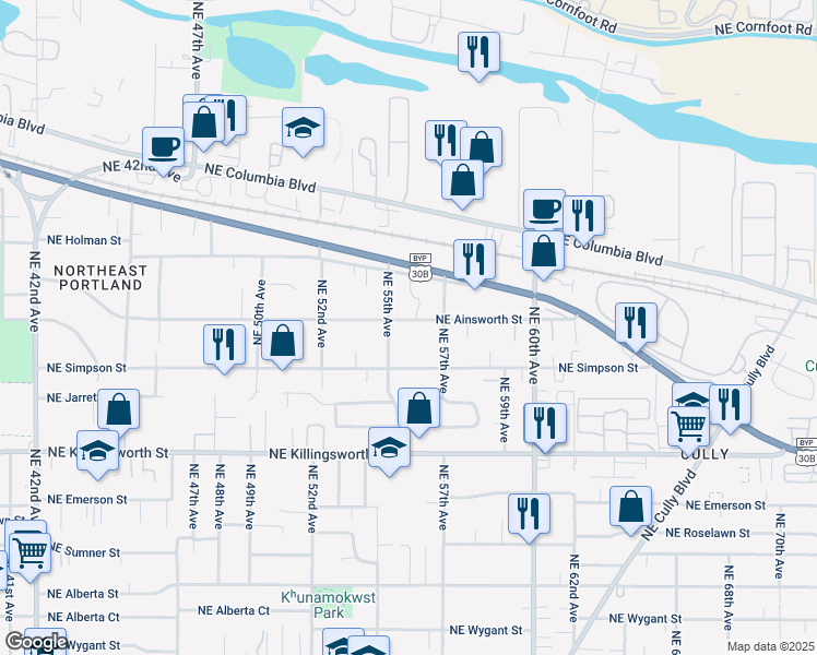 map of restaurants, bars, coffee shops, grocery stores, and more near 5534 Northeast Ainsworth Street in Portland
