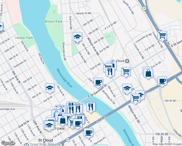 map of restaurants, bars, coffee shops, grocery stores, and more near 240 2nd Street Northeast in St. Cloud