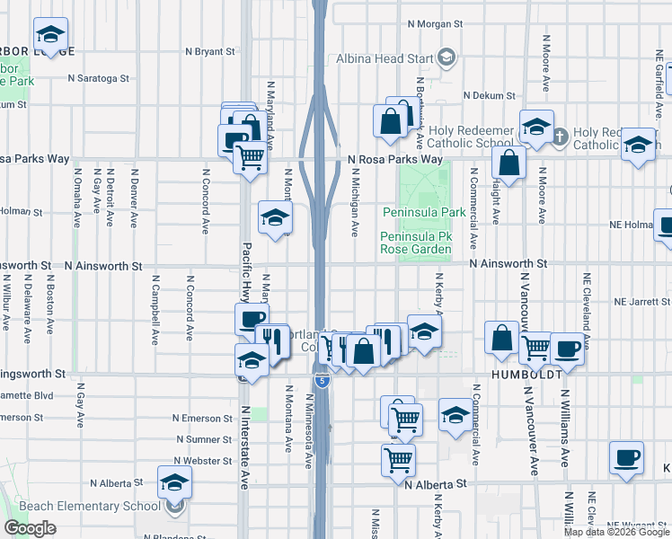map of restaurants, bars, coffee shops, grocery stores, and more near 1022 North Simpson Street in Portland
