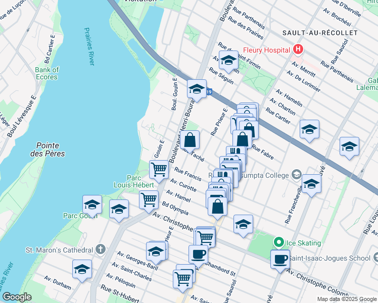 map of restaurants, bars, coffee shops, grocery stores, and more near Avenue Camille Paquet in Montréal