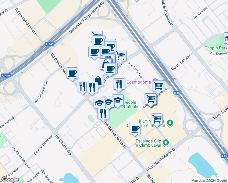 map of restaurants, bars, coffee shops, grocery stores, and more near 3081 Rue Édouard-Montpetit in Laval