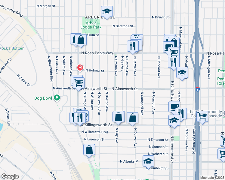 map of restaurants, bars, coffee shops, grocery stores, and more near 5933 North Omaha Avenue in Portland