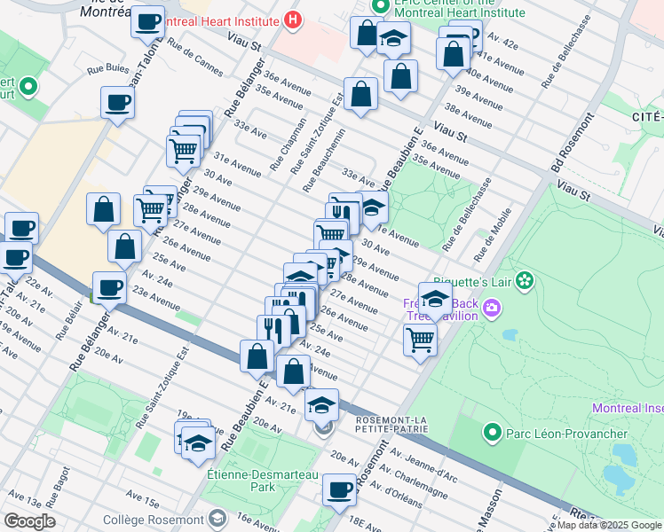 map of restaurants, bars, coffee shops, grocery stores, and more near 4451 Rue Beaubien Est in Montréal