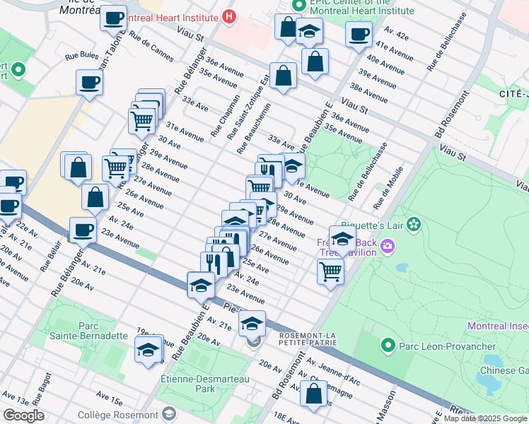 map of restaurants, bars, coffee shops, grocery stores, and more near 4466 Rue Beaubien Est in Montreal