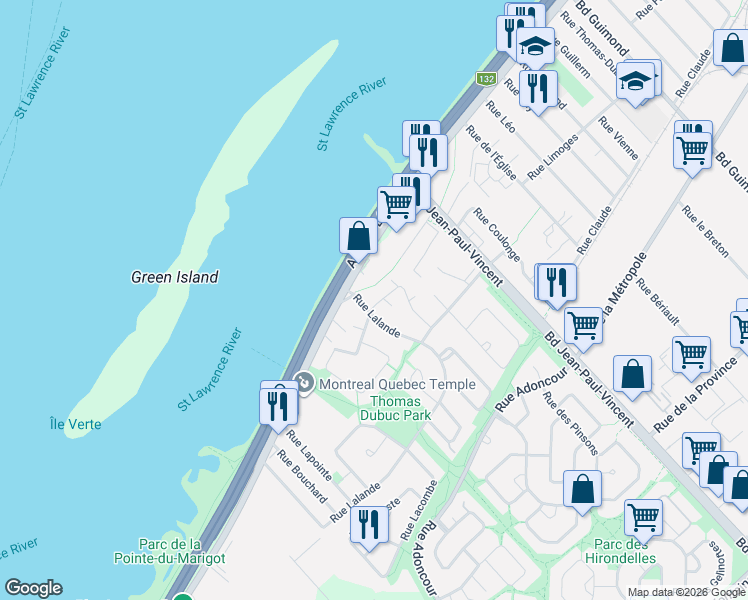 map of restaurants, bars, coffee shops, grocery stores, and more near 73 Rue Lalande in Longueuil