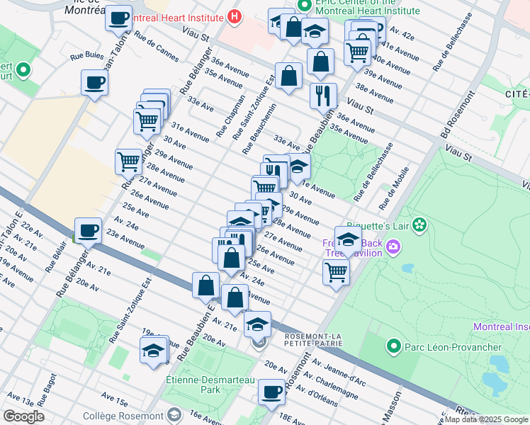 map of restaurants, bars, coffee shops, grocery stores, and more near in Montréal