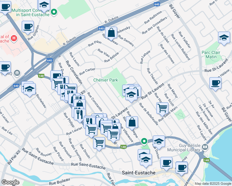 map of restaurants, bars, coffee shops, grocery stores, and more near 285 Rue Albert in Saint-Eustache