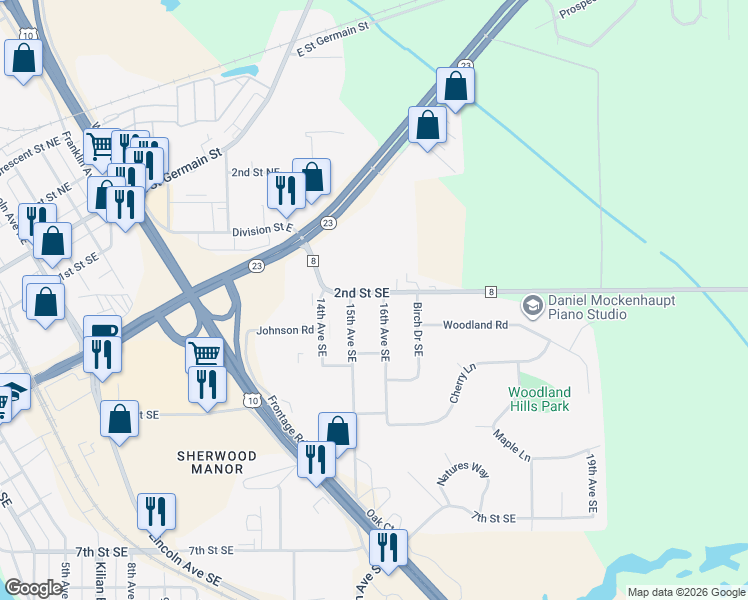 map of restaurants, bars, coffee shops, grocery stores, and more near 1513 2nd Street Southeast in St. Cloud