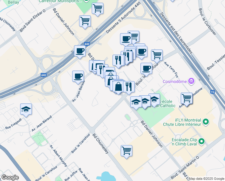 map of restaurants, bars, coffee shops, grocery stores, and more near 2520 Boulevard Daniel-Johnson in Laval