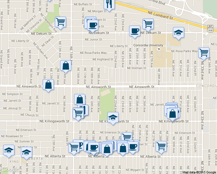 map of restaurants, bars, coffee shops, grocery stores, and more near Northeast Ainsworth Street & Northeast 21st Avenue in Portland
