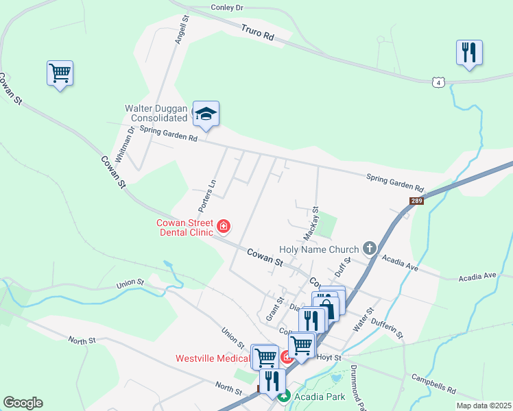 map of restaurants, bars, coffee shops, grocery stores, and more near Office Street in Westville