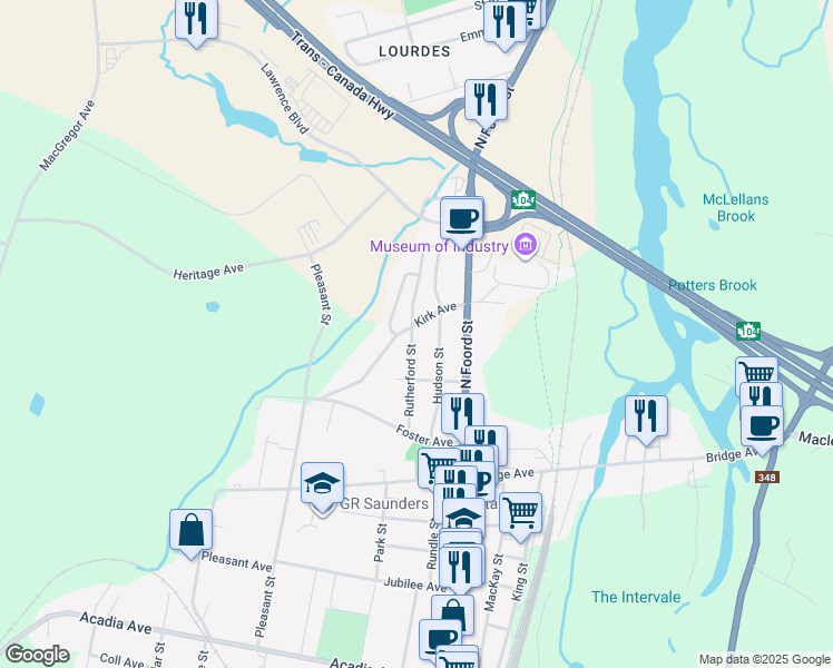 map of restaurants, bars, coffee shops, grocery stores, and more near 113 Rutherford Street in Stellarton