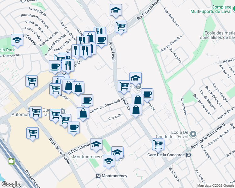 map of restaurants, bars, coffee shops, grocery stores, and more near 720 Boulevard Laval in Laval