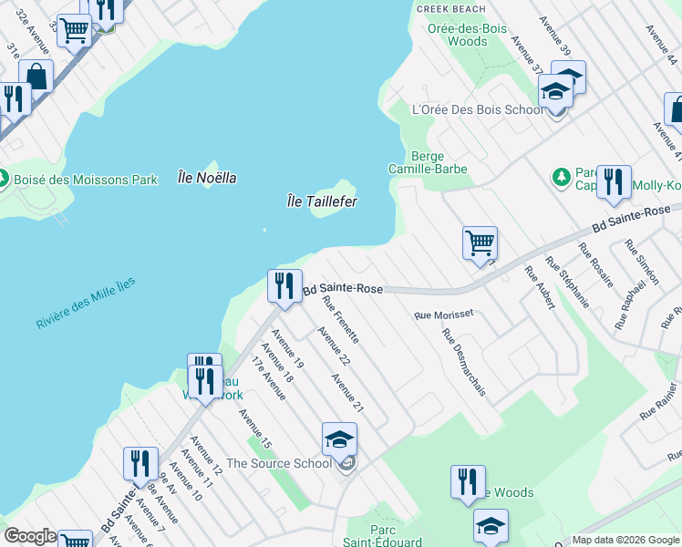 map of restaurants, bars, coffee shops, grocery stores, and more near 1105 Rue Laberge in Laval