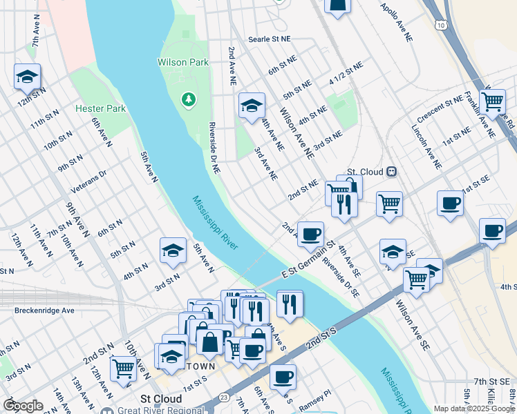 map of restaurants, bars, coffee shops, grocery stores, and more near 221 3rd Avenue Northeast in St. Cloud