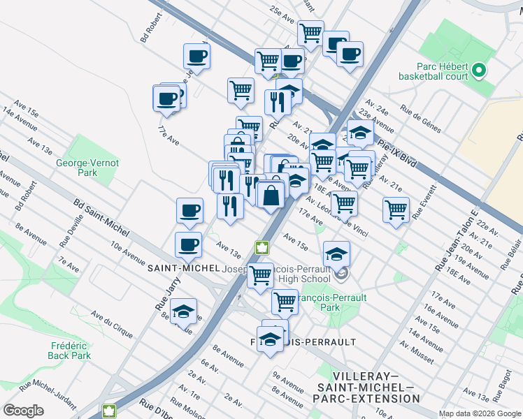 map of restaurants, bars, coffee shops, grocery stores, and more near 7922 16e Avenue in Montréal