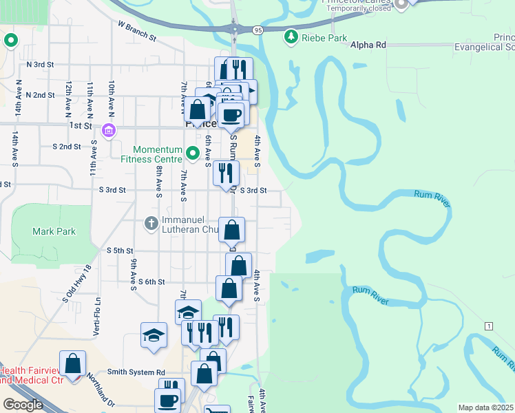 map of restaurants, bars, coffee shops, grocery stores, and more near 603 4th Street South in Princeton