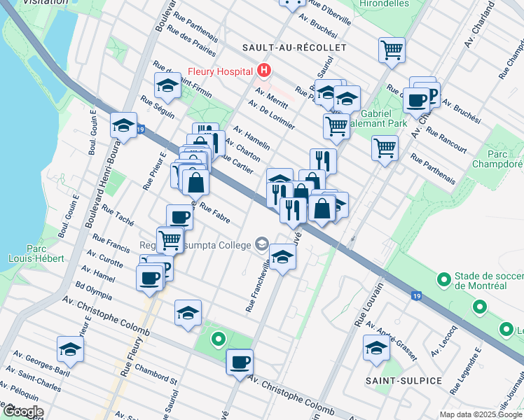 map of restaurants, bars, coffee shops, grocery stores, and more near 9964 Avenue Papineau in Montréal