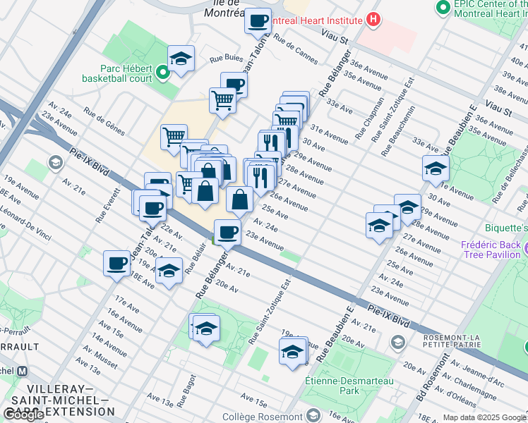 map of restaurants, bars, coffee shops, grocery stores, and more near 6880 25e Avenue in Montréal