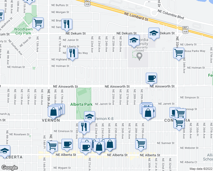 map of restaurants, bars, coffee shops, grocery stores, and more near Northeast Ainsworth Street & Northeast 24th Avenue in Portland