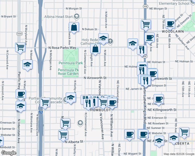 map of restaurants, bars, coffee shops, grocery stores, and more near in Portland
