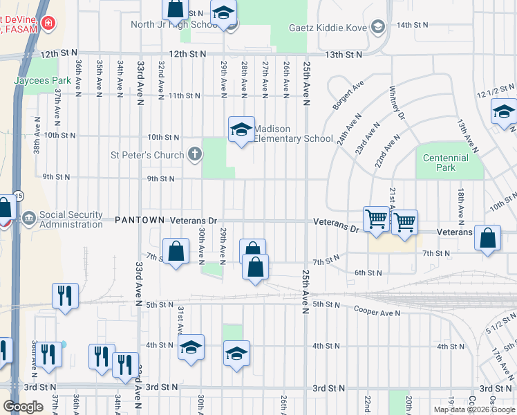 map of restaurants, bars, coffee shops, grocery stores, and more near 831 27th Avenue North in St. Cloud