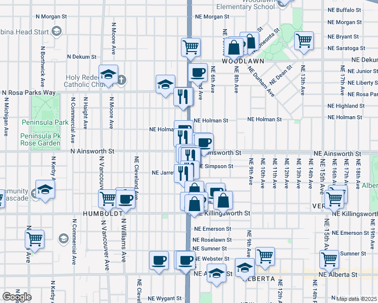 map of restaurants, bars, coffee shops, grocery stores, and more near NE Martin Luther King Jr Blvd & NE Ainsworth St in Portland