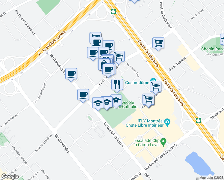 map of restaurants, bars, coffee shops, grocery stores, and more near 3073 Rue Édouard-Montpetit in Laval