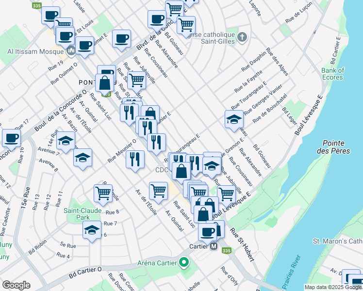 map of restaurants, bars, coffee shops, grocery stores, and more near 44 Rue Tourangeau Est in Laval