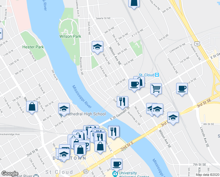 map of restaurants, bars, coffee shops, grocery stores, and more near 240 2nd Street Northeast in St. Cloud