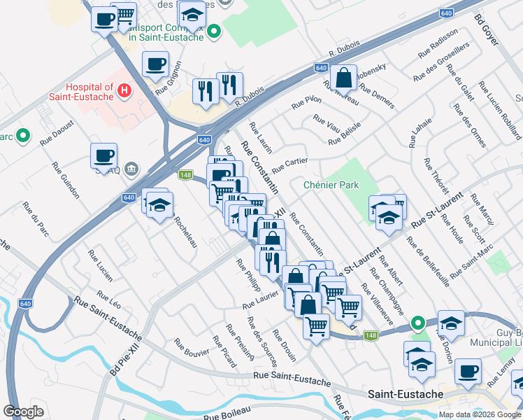 map of restaurants, bars, coffee shops, grocery stores, and more near 362 Rue Dubord in Saint-Eustache