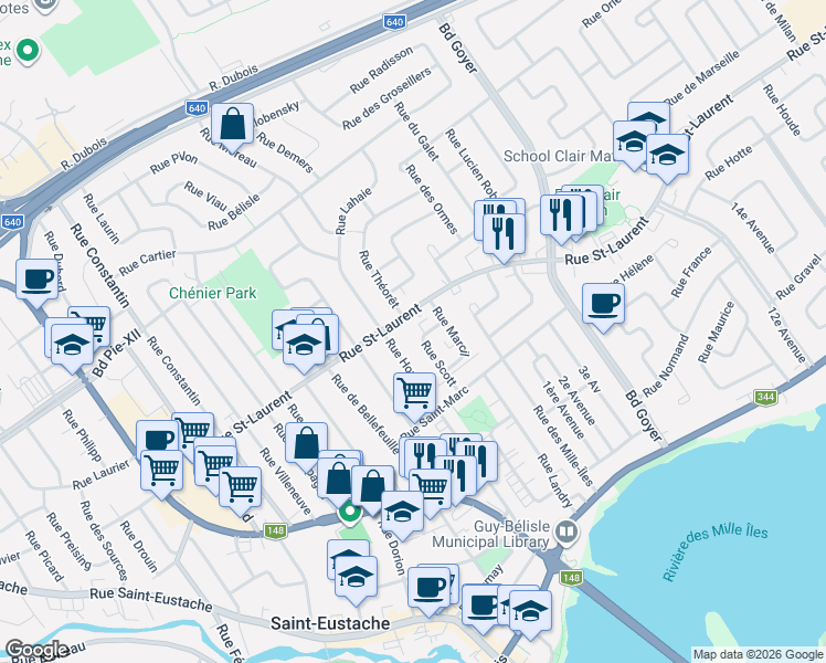 map of restaurants, bars, coffee shops, grocery stores, and more near 240 Rue Scott in Saint-Eustache