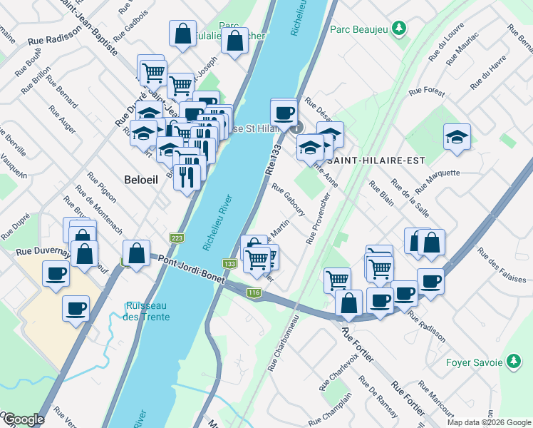 map of restaurants, bars, coffee shops, grocery stores, and more near 110 Chemin des Patriotes Nord in Mont-Saint-Hilaire
