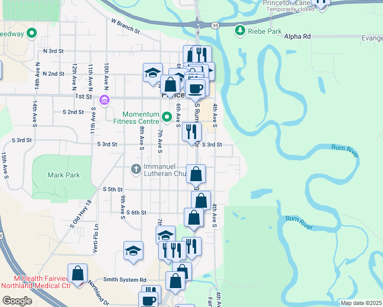 map of restaurants, bars, coffee shops, grocery stores, and more near 301 South Rum River Drive in Princeton