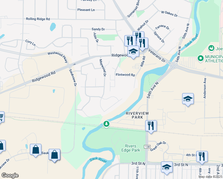 map of restaurants, bars, coffee shops, grocery stores, and more near 825 Driftwood Drive in St. Cloud
